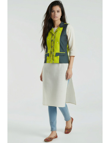 Yamini Parrot Green Sambalpuri Cotton Short  Handloom Waistcoat/Jacket