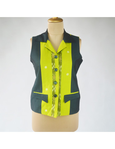 Yamini Parrot Green Sambalpuri Cotton Short  Handloom Waistcoat/Jacket