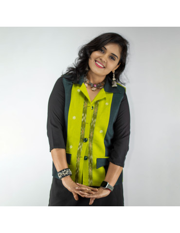 Yamini Parrot Green Sambalpuri Cotton Short  Handloom Waistcoat/Jacket