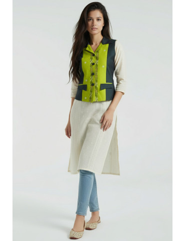 Yamini Parrot Green Sambalpuri Cotton Short  Handloom Waistcoat/Jacket