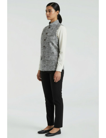 Yamini Khadi Grey & Black Cotton Tribal Print Handloom Waistcoat/Jacket