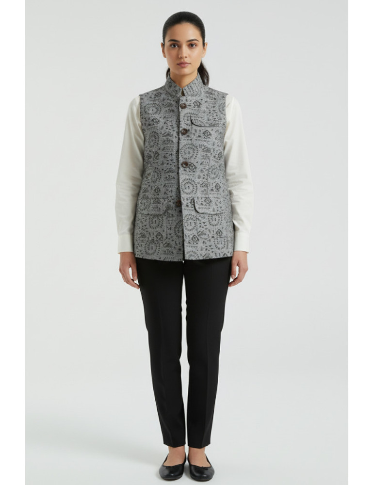 Yamini Khadi Grey & Black Cotton Tribal Print Handloom Waistcoat/Jacket