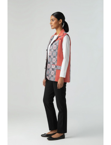 Yamini Ajrakh Patch Peach & Black Cotton Handloom Waistcoat/Jacket