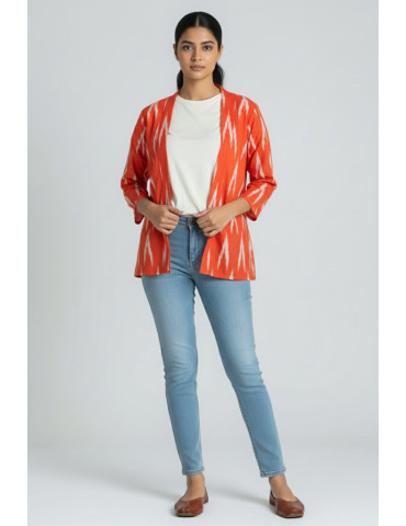 Yamini Brick Red Ikat Cotton Handloom Jacket