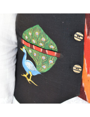Yamini Black Red Ikat Handloom Peacock Pattachitra Handpainted Waistcoat/Jacket 