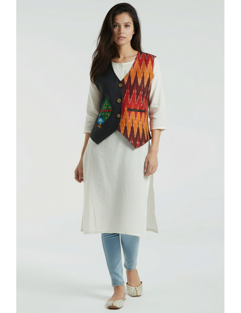 Yamini Black Red Ikat Handloom Peacock Pattachitra Handpainted Waistcoat/Jacket 