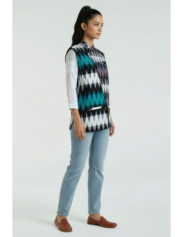 Yamini Bottle Green Black Ikat Cotton Handloom Waistcoat/Jacket 