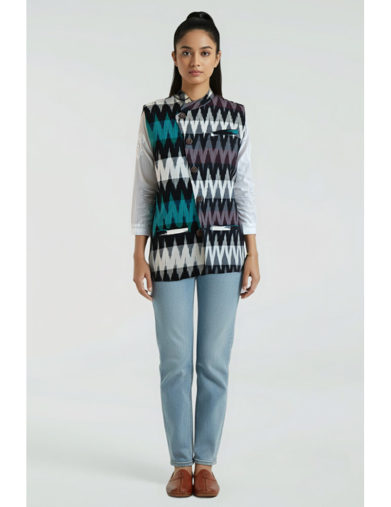 Yamini Bottle Green Black Ikat Cotton Handloom Waistcoat/Jacket 