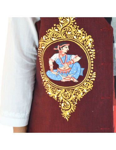 Yamini Maroon Red  Ikat Handloom Dancing Lady Pattachitra Handpainted Waistcoat/Jacket