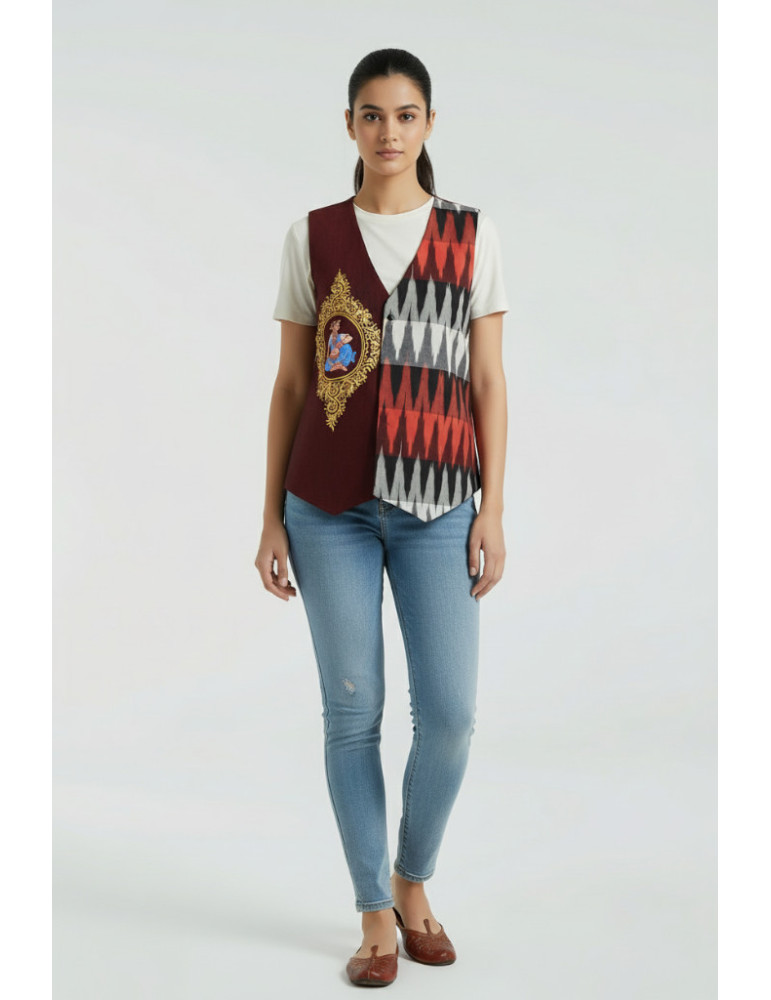 Yamini Maroon Red  Ikat Handloom Dancing Lady Pattachitra Handpainted Waistcoat/Jacket