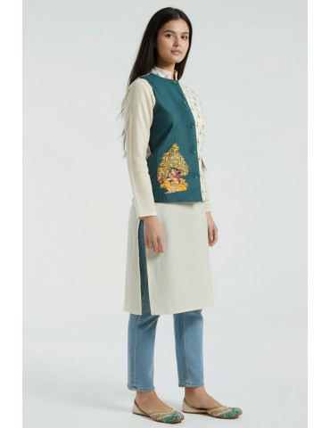Yamini Bottle Green White Ikat Handloom Handpainted Jacket/Waistcoat