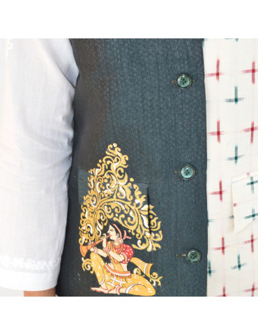 Yamini Bottle Green White Ikat Handloom Handpainted Jacket/Waistcoat