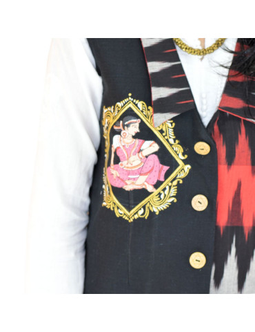 Yamini Red Black Ikat Handloom Pattachitra Hand Painted Lady Waistcoat/Jacket