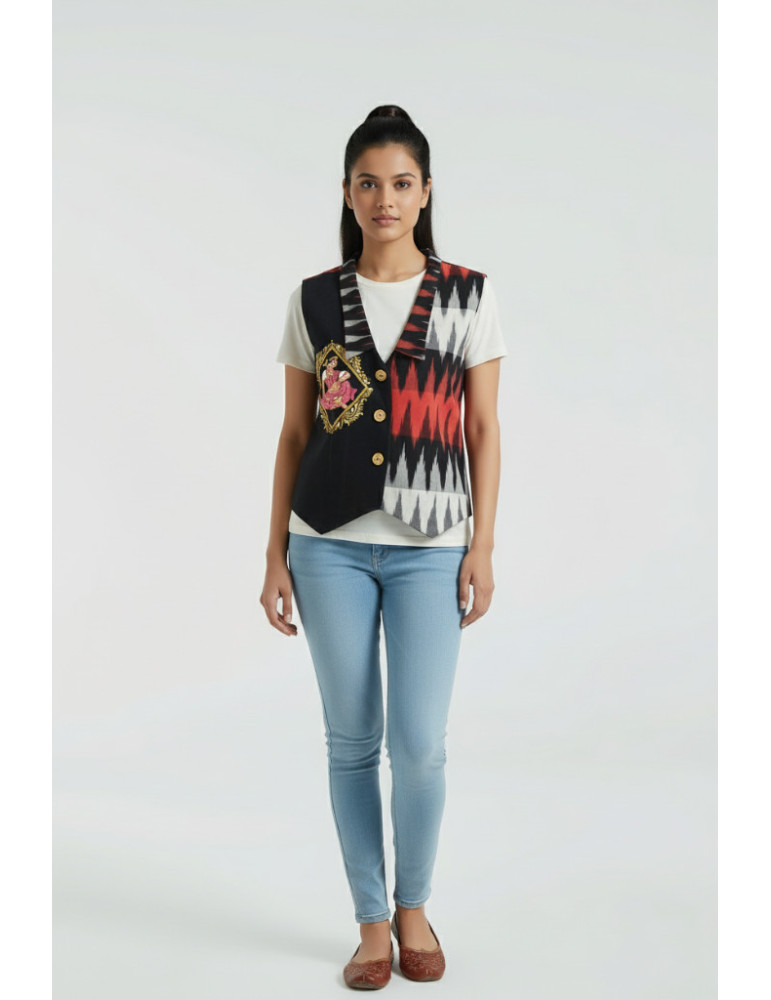 Yamini Red Black Ikat Handloom Pattachitra Hand Painted Lady Waistcoat/Jacket