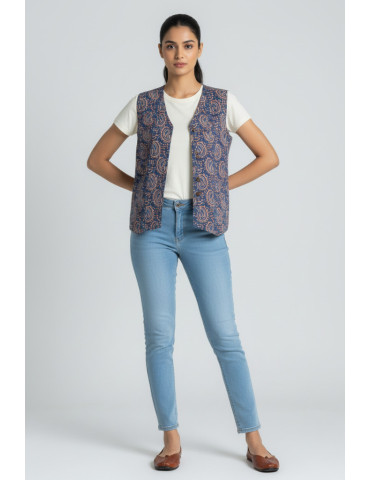 Yamini Purple Black Floral Hand block Handloom Waistcoat/Jacket