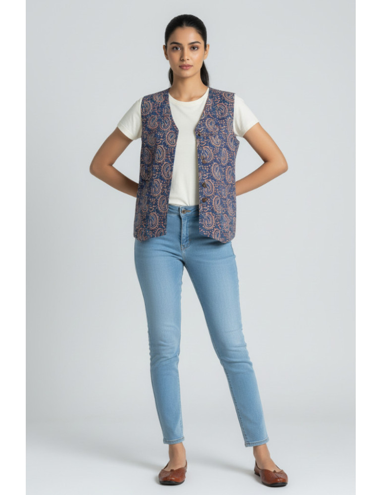 Yamini Purple Black Floral Hand block Handloom Waistcoat/Jacket