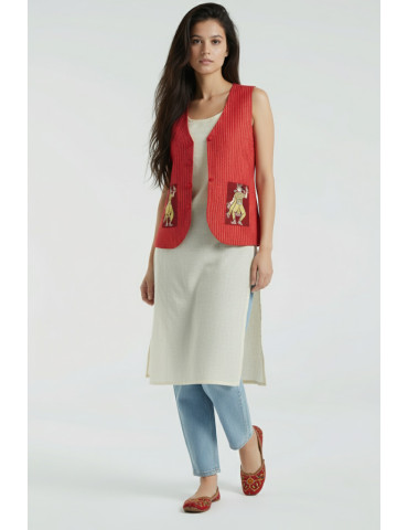 Red Katha Stitch Pattachitra Hand Painted Pocket Handloom Jacket/Waistcoat