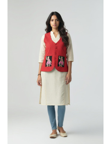 Red Katha Stitch Pattachitra Hand Painted Pocket Handloom Jacket/Waistcoat