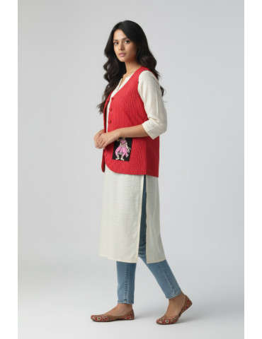 Red Katha Stitch Pattachitra Hand Painted Pocket Handloom Jacket/Waistcoat