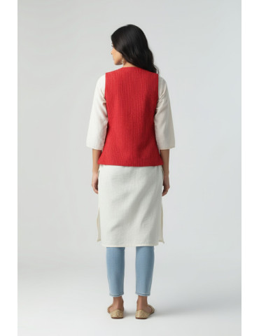 Red Katha Stitch Pattachitra Hand Painted Pocket Handloom Jacket/Waistcoat