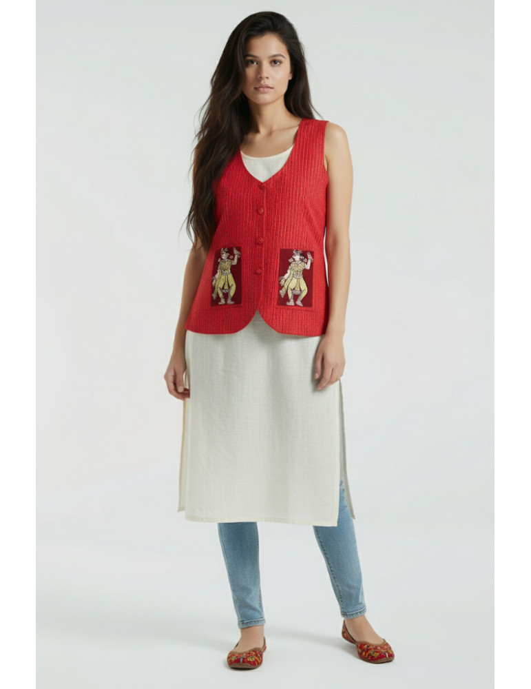 Red Katha Stitch Pattachitra Hand Painted Pocket Handloom Jacket/Waistcoat