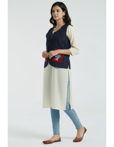 Black Katha Stitch Pattachitra Hand Painted Pocket Handloom Jacket/Waistcoat