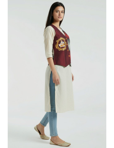 YAMINI Ikat Hand Painted women in Blue Blouse and White Saree Jacket/Waistcoat