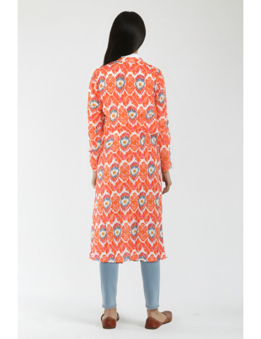Yamini Orange Ikat Print Floral Cotton Long Jacket