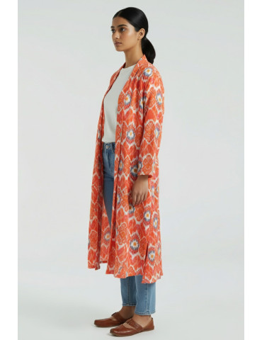 Yamini Orange Ikat Print Floral Cotton Long Jacket