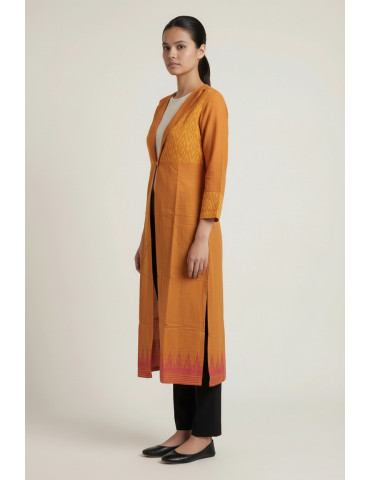 Women Burnt Orange Cotton Mescerised Ikat Geometric Shrug and Overlays