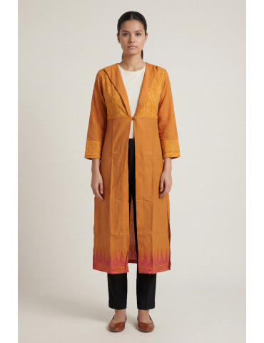 Women Burnt Orange Cotton Mescerised Ikat Geometric Shrug and Overlays