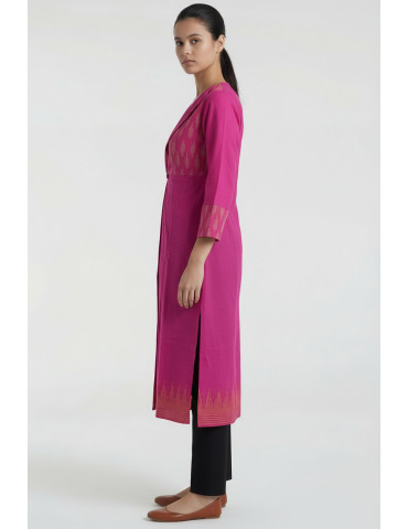 Women Pink Cotton Ikat Geometric Shrug and Overlays