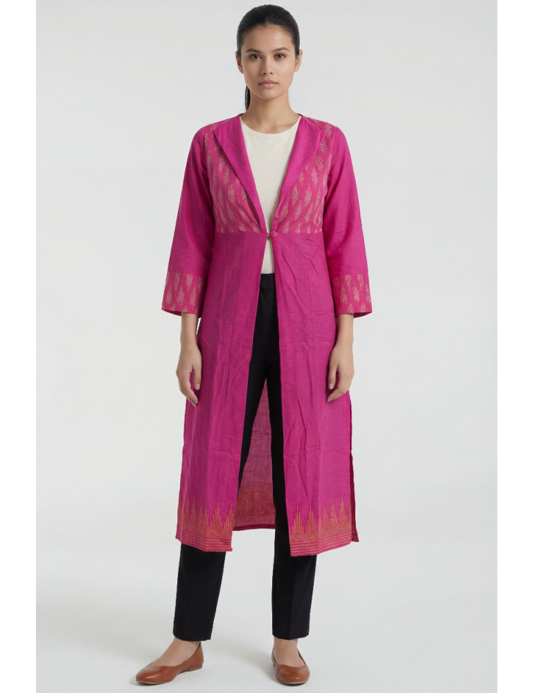 Women Pink Cotton Ikat Geometric Shrug and Overlays