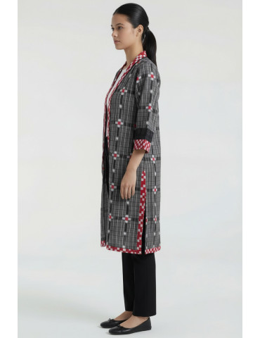 Women Gray Red Off White Cotton Sambalpuri Print Geometric Front Open Jacket