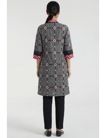 Women Gray Red Off White Cotton Sambalpuri Print Geometric Front Open Jacket