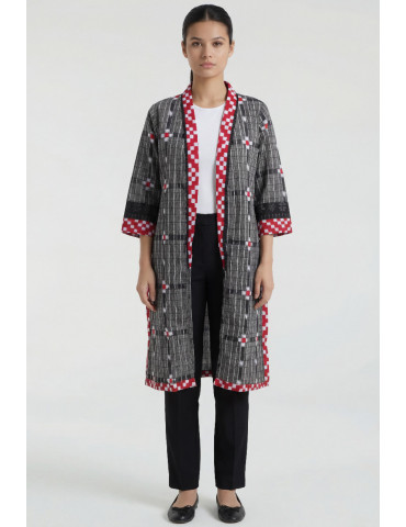 Women Gray Red Off White Cotton Sambalpuri Print Geometric Front Open Jacket