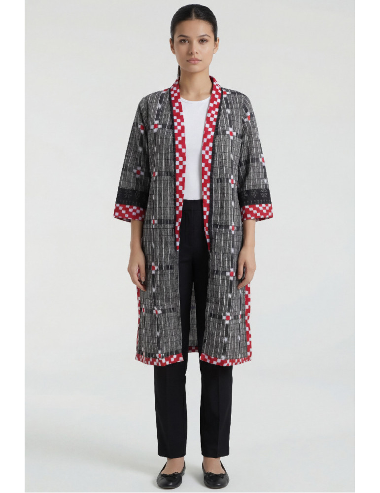 Women Gray Red Off White Cotton Sambalpuri Print Geometric Front Open Jacket