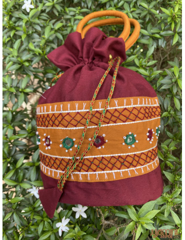 Pure Handloom Aplic work handbag Maroon Light Brown