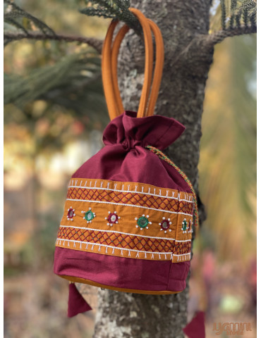 Pure Handloom Aplic work handbag Maroon Light Brown