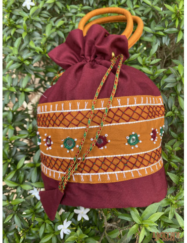 Pure Handloom Aplic work handbag Maroon Light Brown