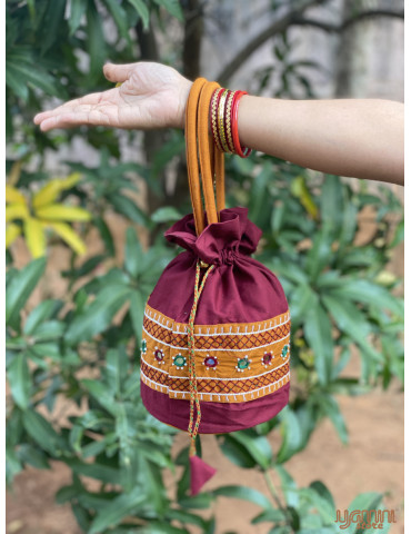 Pure Handloom Aplic work handbag Maroon Light Brown