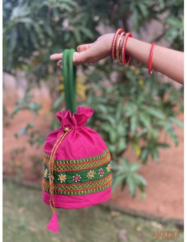 Pure Handloom Aplic work handbag Pink Buttle Green