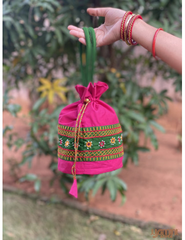 Pure Handloom Aplic work handbag Pink Buttle Green