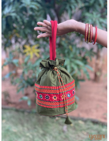Pure Handloom Aplic work handbag Buttle Green Red