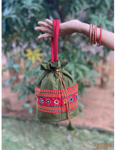 Pure Handloom Aplic work handbag Buttle Green Red