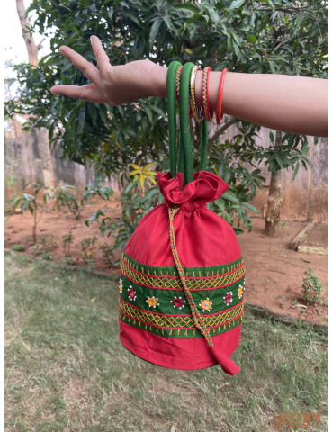 Pure Handloom Aplic work handbag Red Buttle Green