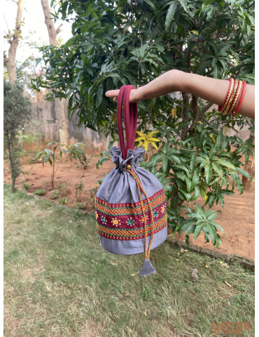 Pure Handloom Aplic work handbag Bluish Grey Maroon