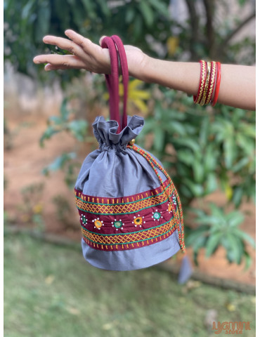 Pure Handloom Aplic work handbag Bluish Grey Maroon
