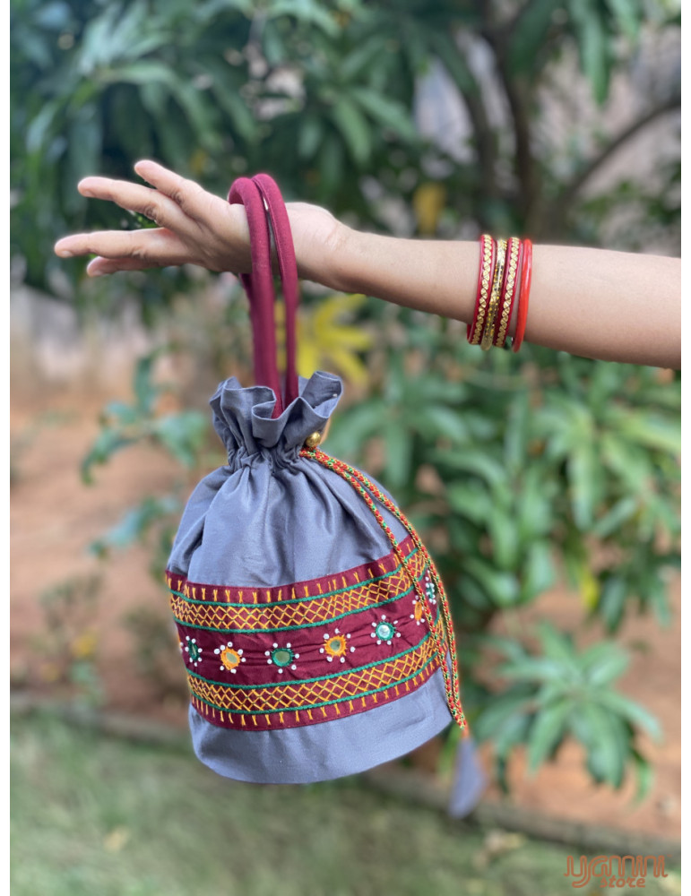 Pure Handloom Aplic work handbag Bluish Grey Maroon
