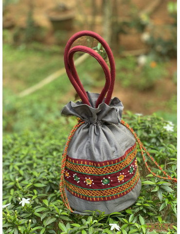 Pure Handloom Aplic work handbag Grey Maroon